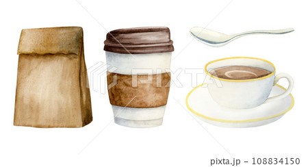Take out coffee cup, hot cocoa mug with spoon and paper craft bag watercolor illustration set isolated on white background for breakfast and coffee break designs, cafe, restaurant food menus Take out coffee cup, hot cocoa mug with spoon and paper craft bag watercolor illustration set isolated on white background for breakfast and coffee break designs, cafe, restaurant food menus 108834150
