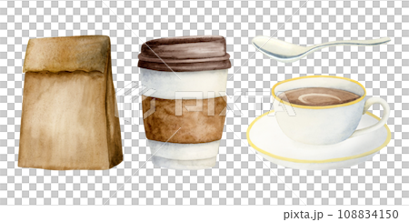 Take out coffee cup, hot cocoa mug with spoon and paper craft bag watercolor illustration set isolated on white background for breakfast and coffee break designs, cafe, restaurant food menus Take out coffee cup, hot cocoa mug with spoon and paper craft bag watercolor illustration set isolated on white background for breakfast and coffee break designs, cafe, restaurant food menus 108834150