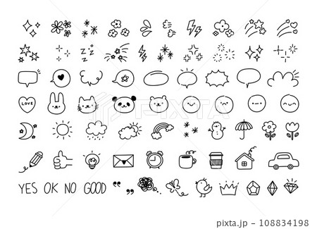 Doodle line design elements. Sketch daily stickers for planner. Cute hand draw speech bubble, decor stars, prints animal signs, weather icon, emotion effects. Vector set Doodle line design elements. Sketch daily stickers for planner. Cute hand draw speech bubble, decor stars, prints animal signs, weather icon, emotion effects. Vector set 108834198