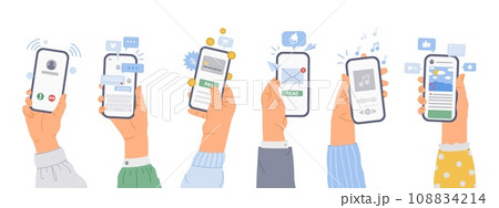 Phone in hands. Person use smartphone app. Hand scroll social media and touch screen. People send messages, listen to music, user surf internet, tap mobile phone. Vector set 108834214