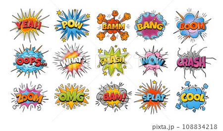 Comic bubble sign. Cartoon colorful burst clouds, comics explosion speech bubbles. Boom dialogue frame, bang effect with text for pop art comics book, isolated vector set 108834218