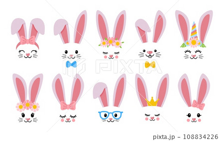 Rabbit faces. Cartoon bunny ears and faces with decorative elements. Funny bunnies in glasses, animal in flower wreath. Decor elements for Easter party vector set Rabbit faces. Cartoon bunny ears and faces with decorative elements. Funny bunnies in glasses, animal in flower wreath. Decor elements for Easter party vector set 108834226