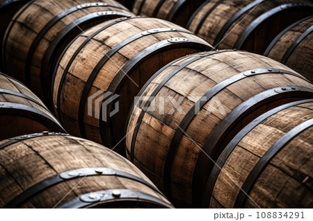 Wooden oak Port barrels in neat rows Wooden oak Port barrels in neat rows 108834291