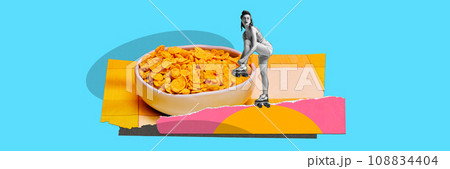 Woman tying laces on rollers, standing on plater with cereal against blue background. Breakfast. Contemporary art collage. 108834404