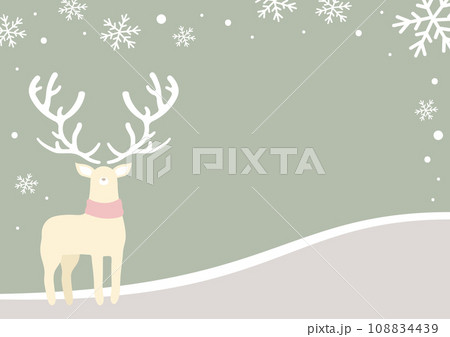 雪とトナカイのクリスマスカード、背景グリーン 108834439