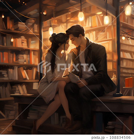 Beautiful and artistic digital painting of couple reading books in a cozy bookstore Beautiful and artistic digital painting of couple reading books in a cozy bookstore 108834506