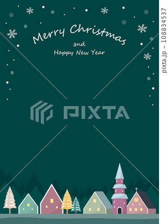 教会のある街並みのクリスマスカードデザイン、背景グリーン縦長サイズ 教会のある街並みのクリスマスカードデザイン、背景グリーン縦長サイズ 108834537