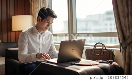 ホテルで仕事をするアジア人男性会社員 108834543