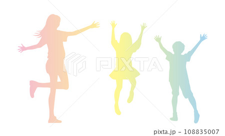 母子3人でジャンプするシルエット_グラデーションカラー 母子3人でジャンプするシルエット_グラデーションカラー 108835007