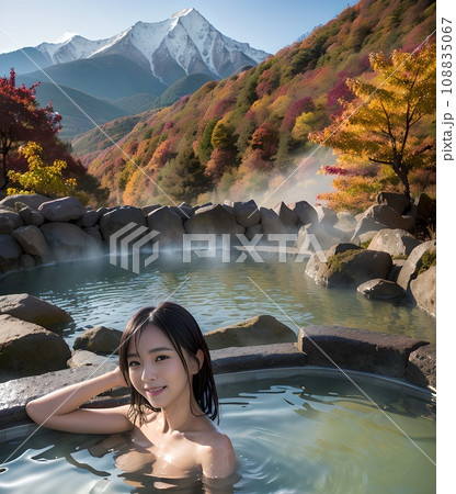 絶景の岩風呂に入って笑顔の女性(生成AI) 絶景の岩風呂に入って笑顔の女性(生成AI) 108835067