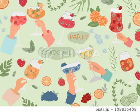 Friends with an array of classic cocktails. Assorted drinks like Mojito, Mimosa, and Aperol Spritz in varied glassware. Alcoholic refreshments perfect for menu display, posters and web banners,Vector 108835408