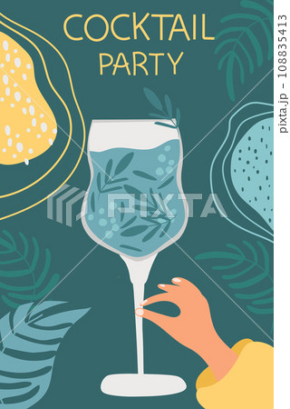 A banner with an alcoholic cocktail in the hands of a woman for a cocktail party celebration on a dark background. Perfect for designing flyers, posters, banners, packaging, menus, celebrations 108835413