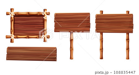 Set Bamboo and wood sign, frames with stick and plank, border with rope in cartoon style isolated on white background. Game border, gui menu. Set Bamboo and wood sign, frames with stick and plank, border with rope in cartoon style isolated on white background. Game border, gui menu. 108835447