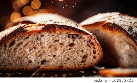 Sourdough bread with crispy crust on wooden shelf. Sourdough bread with crispy crust on wooden shelf. 108835723