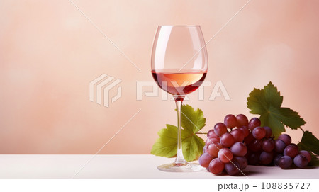 A glass of rose wine with grapes on pastel pink background 108835727