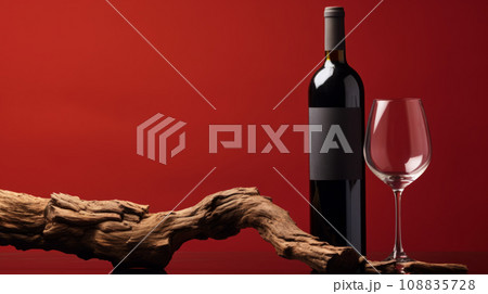 Bottle of red wine with a composition of old vine on red background 108835728