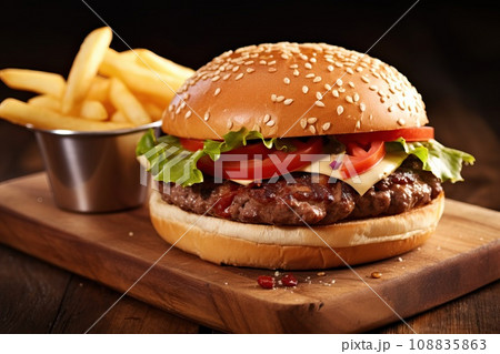 Delicious fresh tasty burger and french fries on wooden table Delicious fresh tasty burger and french fries on wooden table 108835863