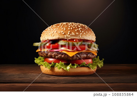 Delicious fresh tasty burger and french fries on wooden table 108835864