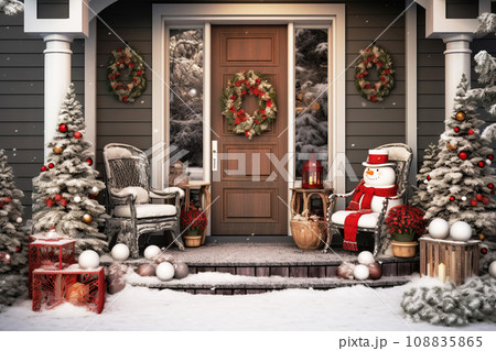 Cute and cozy house with Christmas decorations, Santa on the porch, Christmas wreath on the door 108835865