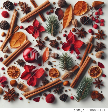 Christmas greeting card from scattered spruce twigs, red dry petals of fruit tree, golden fruits 108836124