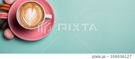 Macaroons cakes and cup of coffee creative layout on colorful background 108836127