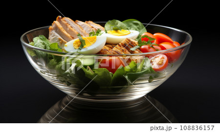 Healthy dinner. Buddha bowl lunch with grilled chicken, avocado, tometoes, eggs. 108836157