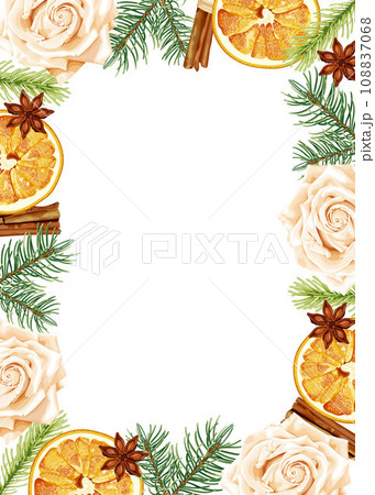 Christmas frame for invitation, greeting card, banner, with rose flower, dried orange, fir tree, cinnamon and anise. 108837068