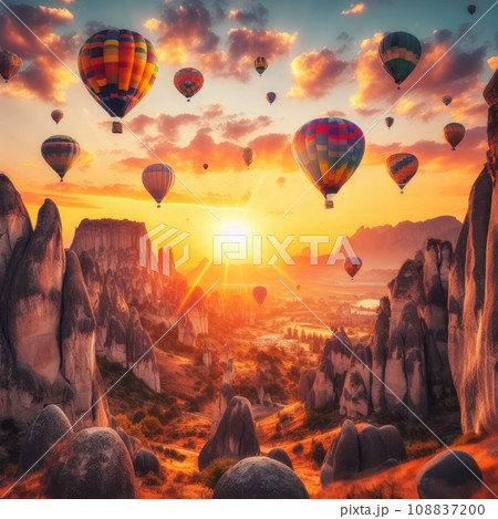 gorgeous view of flying air balloons over Cappadocia at sunrise and lots of people watching 108837200
