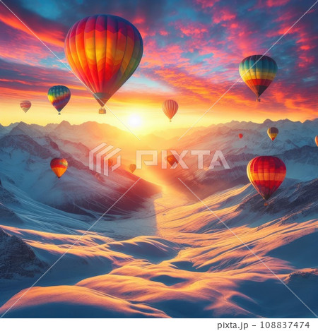 A photo of four colorful air balloons flying over icy rock hills A photo of four colorful air balloons flying over icy rock hills 108837474