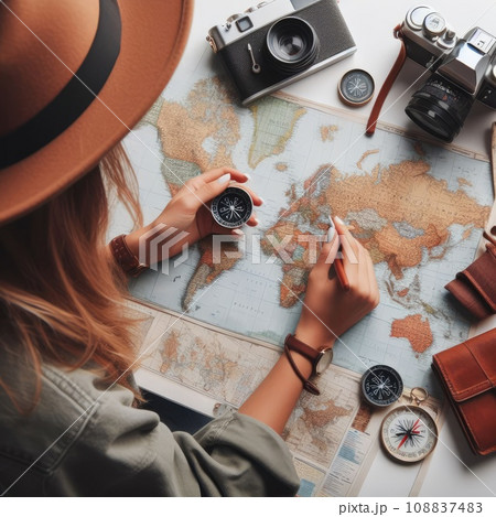 Young woman planning vacation using world map and compass along with other travel accessories. Tourist wearing brown hat looking at the world map Young woman planning vacation using world map and compass along with other travel accessories. Tourist wearing brown hat looking at the world map 108837483