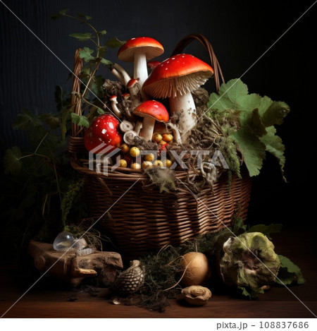 Basket with fly agarics mushrooms 108837686