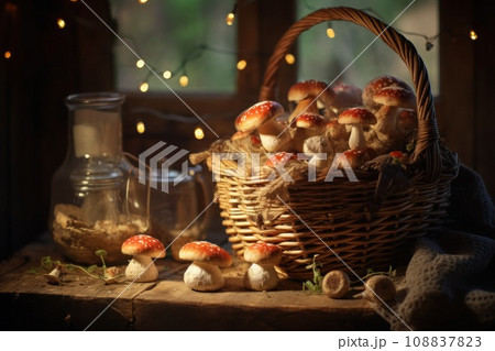 Basket with fly agarics mushrooms Basket with fly agarics mushrooms 108837823
