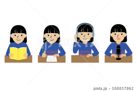 言語習得に必要な基本的な4つのスキルの動作をしている日本人女性の上半身イラストセット 108837862