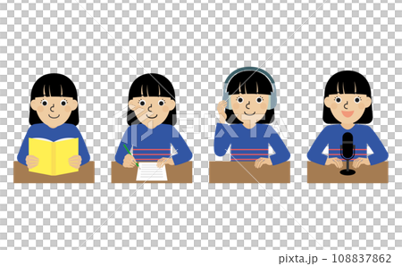 言語習得に必要な基本的な4つのスキルの動作をしている日本人女性の上半身イラストセット 108837862