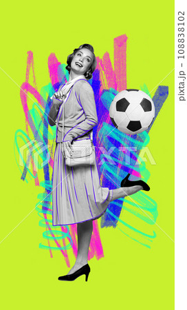 Contemporary art collage. Modern creative artwork. Monochrome woman, medieval woman dressed smart casual outfit and kicking football ball her heel. Poster 108838102