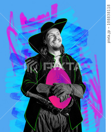 Contemporary art collage. Man, medieval person, in big hat holds modern rugby, American football ball against creative colorful background. poster Contemporary art collage. Man, medieval person, in big hat holds modern rugby, American football ball against creative colorful background. poster 108838118