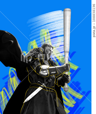 Contemporary art collage. Modern creative artwork. Valliant knight holds bat instead of sword isolated bright painted blue background. Poster. Contemporary art collage. Modern creative artwork. Valliant knight holds bat instead of sword isolated bright painted blue background. Poster. 108838136