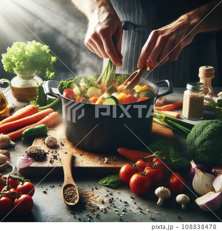 Cooking - chef's hands preparing vegetable vegetarian stew (thick soup). Kitchen scenery - pot 108838478