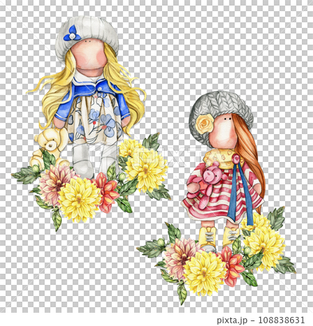 Composition of doll Tilda in dress and dahlia flowers. Hand drawn watercolor illustration. Design for baby shower party, birthday, cake, holiday celebration design, greetings card, invitation, sticker 108838631