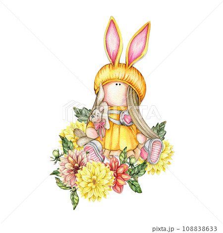 Composition of doll Tilda in dress and dahlia flowers. Hand drawn watercolor illustration. Design for baby shower party, birthday, cake, holiday celebration design, greetings card, invitation, sticker 108838633