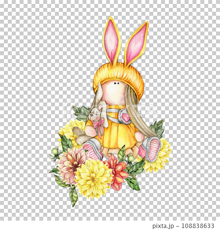 Composition of doll Tilda in dress and dahlia flowers. Hand drawn watercolor illustration. Design for baby shower party, birthday, cake, holiday celebration design, greetings card, invitation, sticker 108838633
