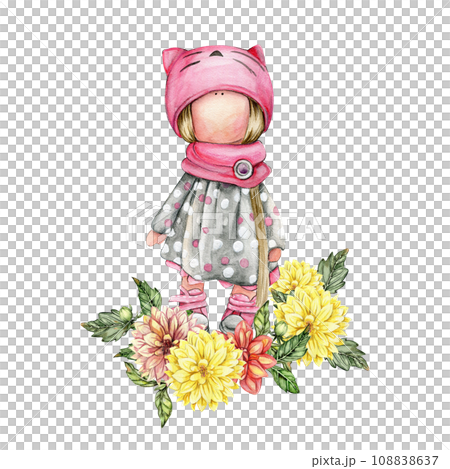 Composition of doll Tilda in dress and dahlia flowers. Hand drawn watercolor illustration. Design for baby shower party, birthday, cake, holiday celebration design, greetings card, invitation, sticker 108838637