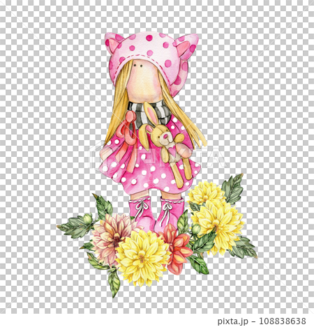 Composition of doll Tilda in dress and dahlia flowers. Hand drawn watercolor illustration. Design for baby shower party, birthday, cake, holiday celebration design, greetings card, invitation, sticker Composition of doll Tilda in dress and dahlia flowers. Hand drawn watercolor illustration. Design for baby shower party, birthday, cake, holiday celebration design, greetings card, invitation, sticker 108838638