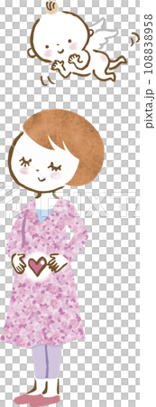 Illustration of a woman who is pregnant and happy and an angel who is happy to see her 108838958