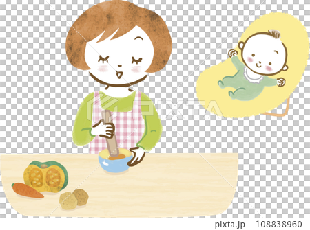 媽媽和寶寶製作嬰兒食品的插圖 108838960
