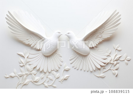 Two white paper doves symmetrically facing each other on clean background with delicate leaves branch. Generative AI Two white paper doves symmetrically facing each other on clean background with delicate leaves branch. Generative AI 108839115