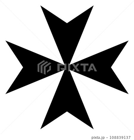 Maltese cross, black and white vector silhouette illustration of heraldic cross shape, isolated on white 108839137
