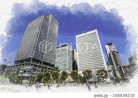 水彩画風 東京駅丸の内口 高層ビル群 東京都千代田区 水彩画風 東京駅丸の内口 高層ビル群 東京都千代田区 108839210