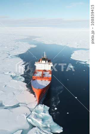 Icebreaker goes on the sea among the blue ice. Icebreaker goes on the sea among the blue ice. 108839415