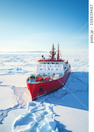 Icebreaker goes on the sea among the blue ice. Icebreaker goes on the sea among the blue ice. 108839487